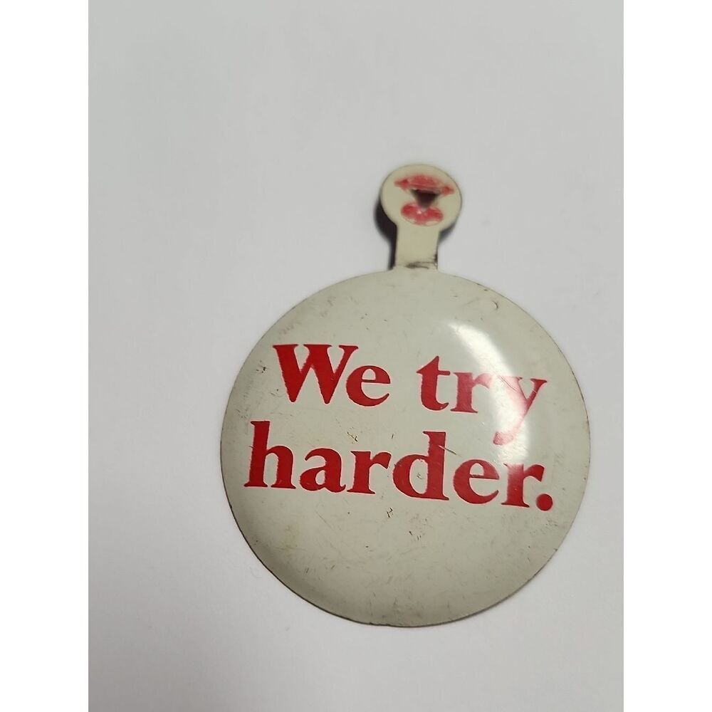 Vtg Avis We Try Harder Rental Car Slogan Tin Folding Button Pin New NOS 1970s